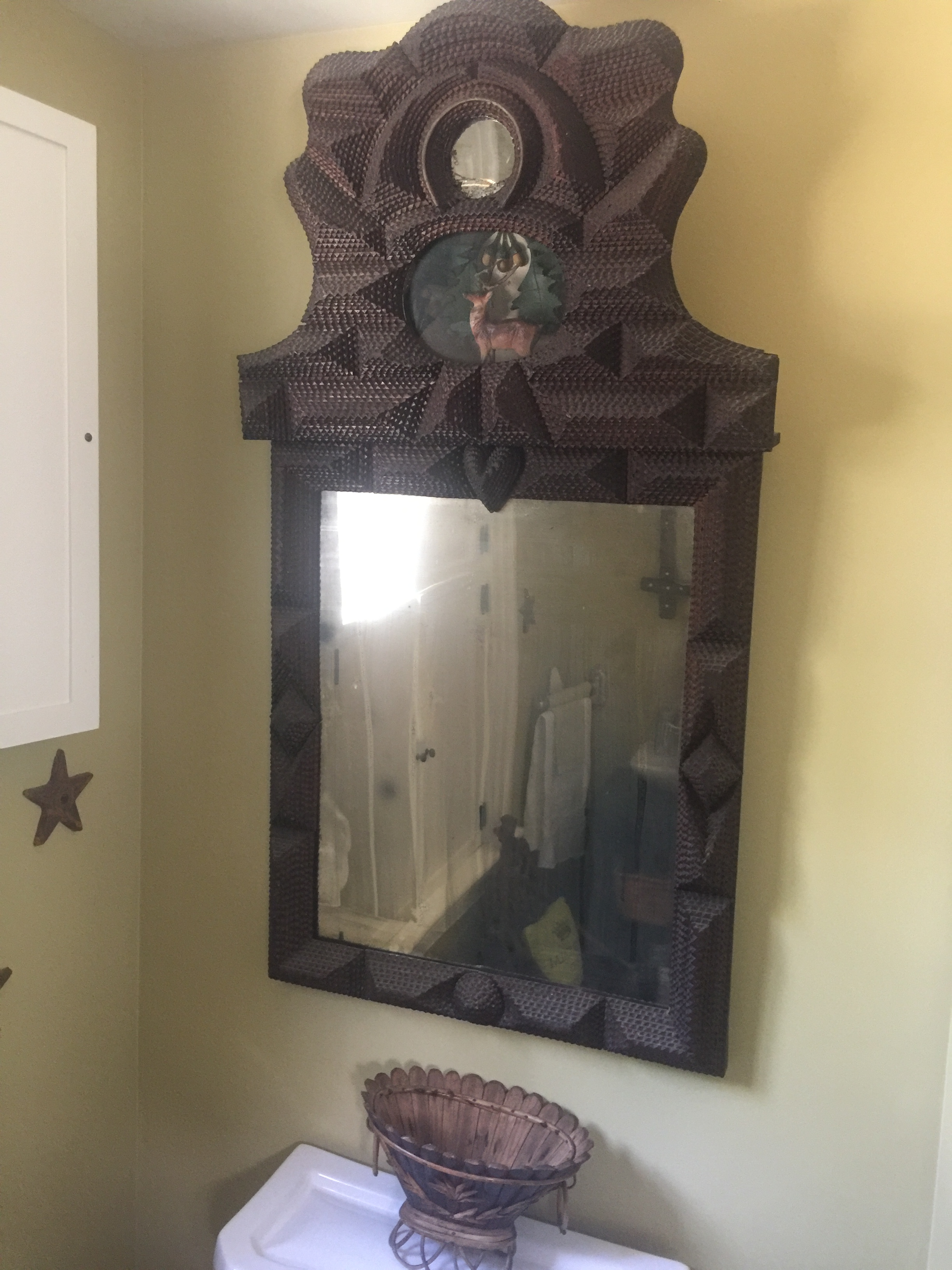 tramp art mirror with deer